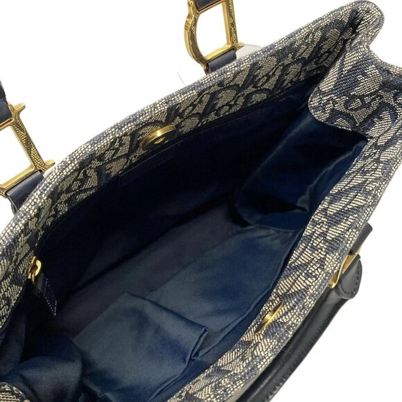 Auth DIOR/ChristianDior Trotteur Navy Dark Navy Cream Jacquard Leather Tote Bag - Picture 10 of 16